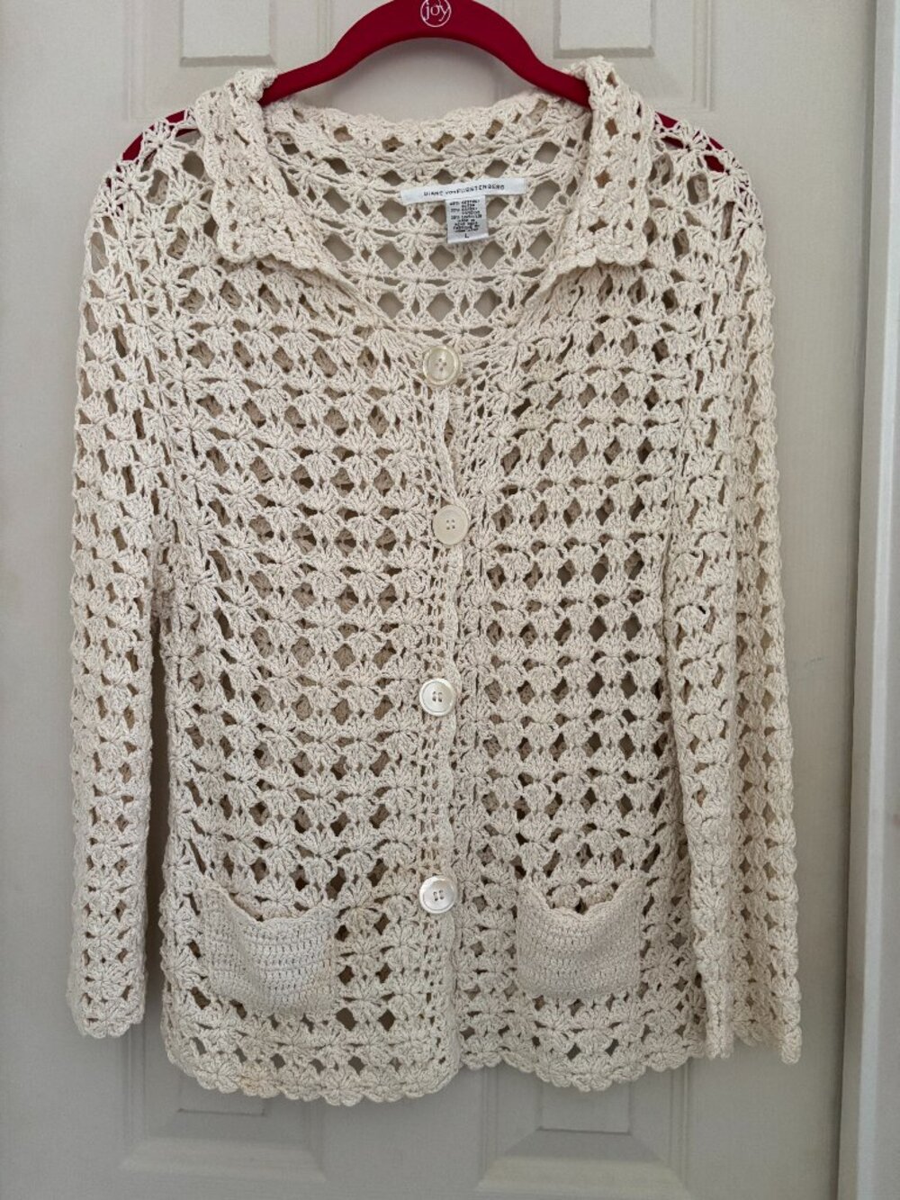 Diane Von Furstenberg Crochet Cardigan Sweater Off White Cream Cotton/Rayon S-M